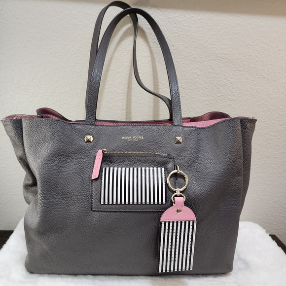Henri Bendel The Influencer Tote Gray and Pink Leather Suede Striped Acc… - Picture 5 of 17